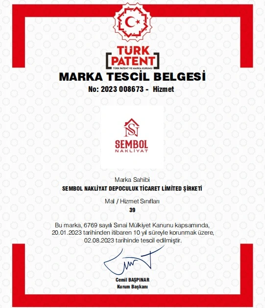 Tescilli Kurumsal Marka Güvencesi - Sembol Nakliyat ve Depolama Türk Patent Kurumu Sembol Nakliyat Marka Tescil Belgesi