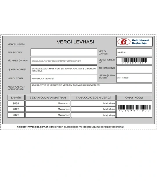 Resmi Vergi Mükellefi - Güvenilir ve Kurumsal Nakliyat Şirketi Sembol Nakliyat Depoculuk Ticaret Limited Şirketi Güncel Vergi Levhası