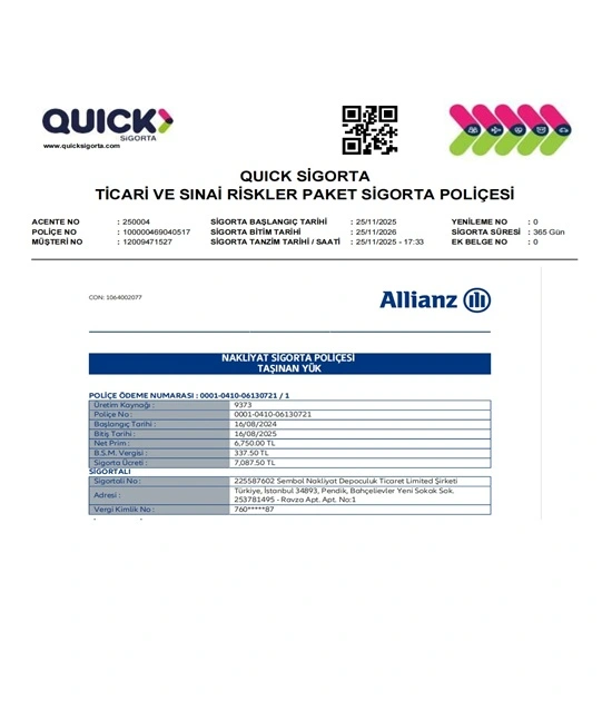 Garantili ve Sigortalı Taşımacılık - Tüm Eşyalarınız Güvence Altında Allianz Nakliyat ve Quick Sigorta Kapsamlı Eşya Depolama Poliçesi