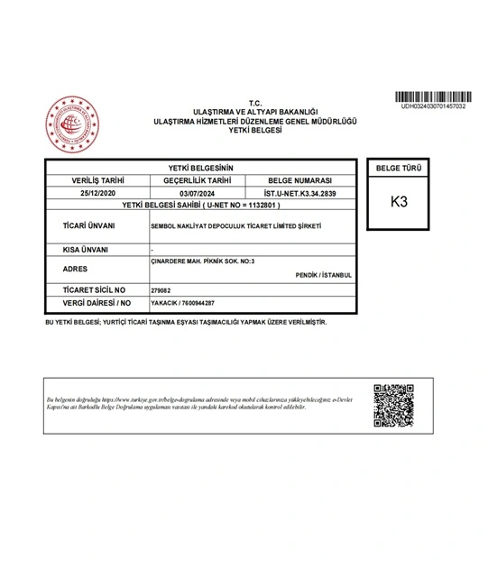 K3 Yetki Belgesi - Resmi ve Onaylı Evden Eve Nakliyat Firması Ulaştırma Bakanlığı Onaylı K3 Yetki Belgesi - Sembol Nakliyat Şehirlerarası Taşıma İzni