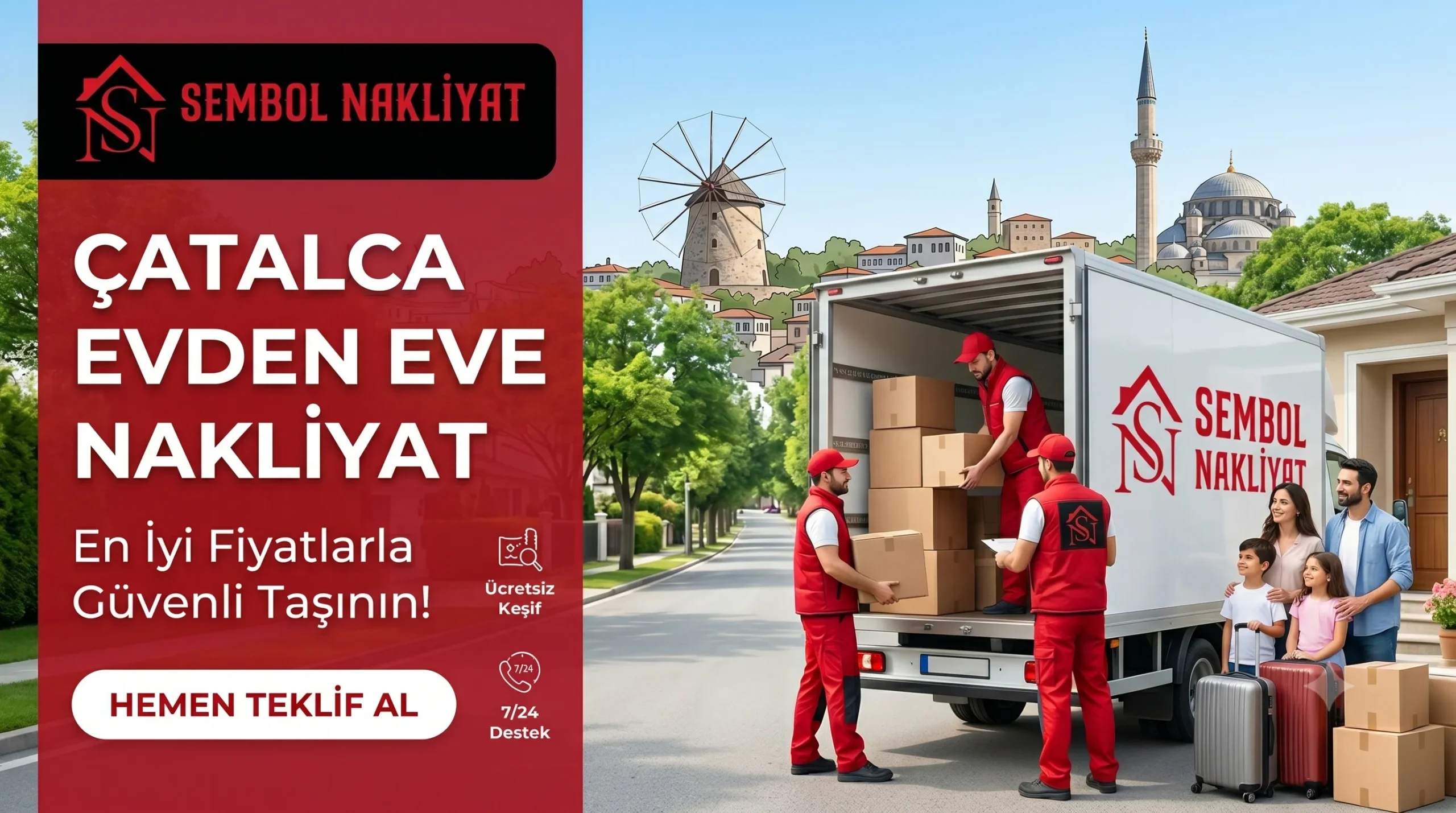 Arka planda tarihi yel değirmeni ve cami silüeti önünde duran Sembol Nakliyat kamyonu ve "Çatalca Evden Eve Nakliyat En İyi Fiyatlarla Güvenli Taşının" yazılı kapak afişi.