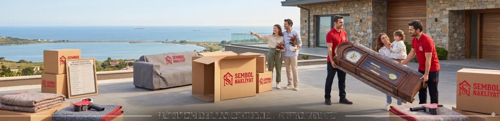 Büyükçekmece Evden Eve Nakliyat | En İyi Fiyatlarla Güvenli Taşının! 1 Büyükçekmece göl manzaralı villa bahçesinde Sembol Nakliyat logolu koliler, ambalajlı koltuklar ve antik ayaklı saati taşıyan profesyonel nakliye ekibi.