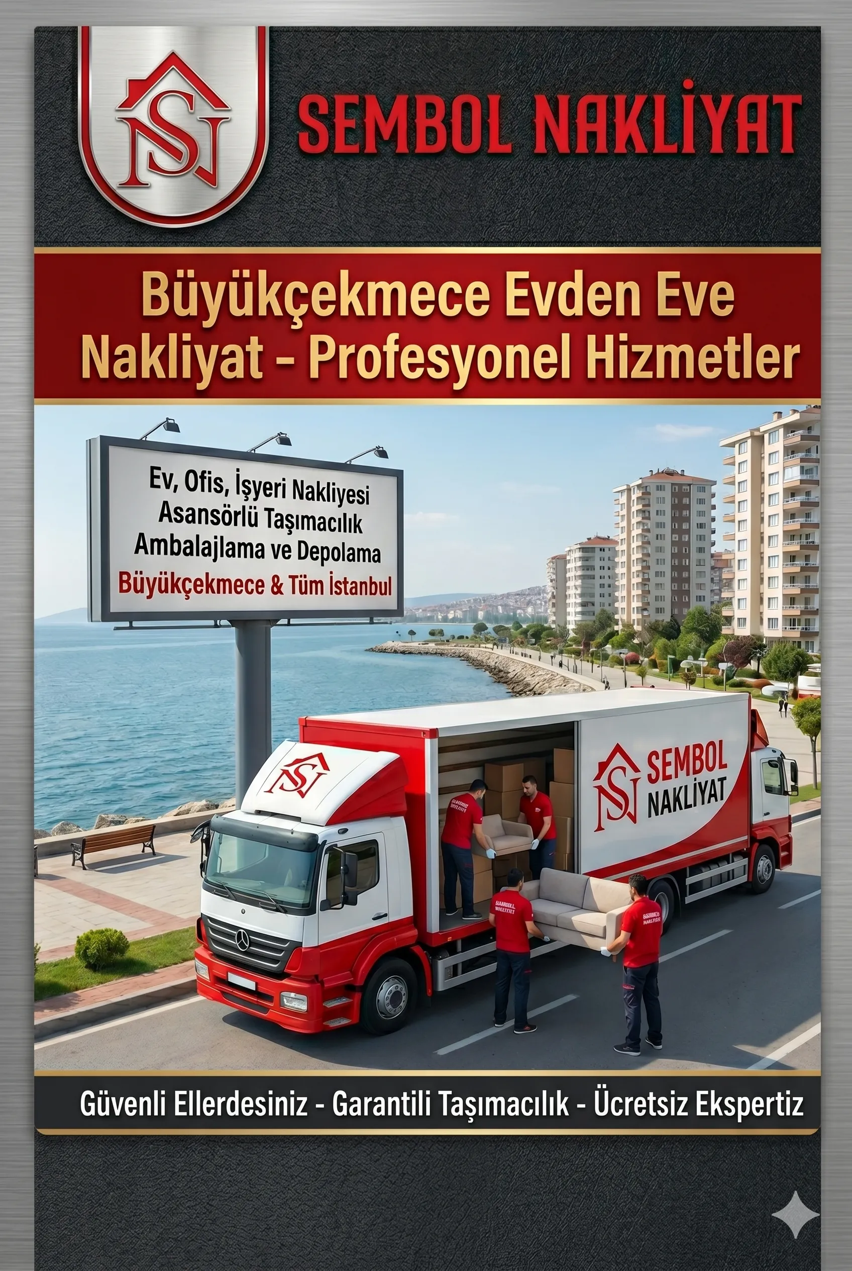 Sembol Nakliyat Büyükçekmece evden eve nakliyat reklam panosu, sahil şeridinde koltuk yükleyen nakliye aracı ve profesyonel taşıma hizmetleri afişi.