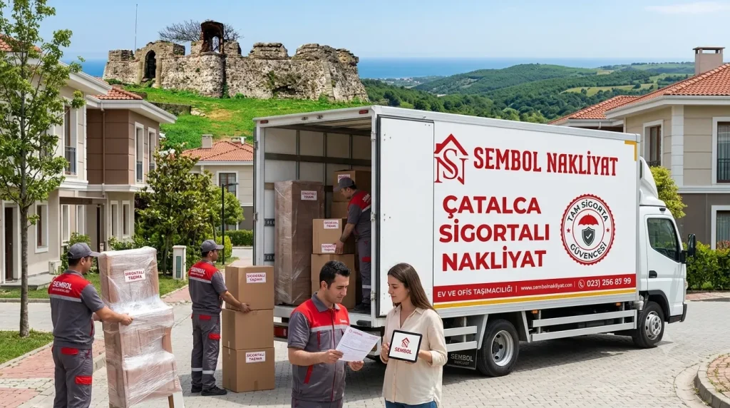 Çatalca Evden Eve Nakliyat | En İyi Fiyatlarla Güvenli Taşının! 1 Tarihi kale surları manzarasında ambalajlı kolileri taşıyan görevliler ve üzerinde "Çatalca Sigortalı Nakliyat Tam Sigorta Güvencesi" yazan Sembol Nakliyat kamyonu.