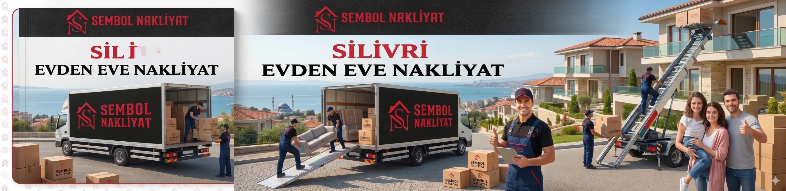 Silivri sahil ve cami manzaralı bir sokakta modüler asansör sistemiyle villa taşıması yapan Sembol Nakliyat ekibi ve mutlu aile görseli.